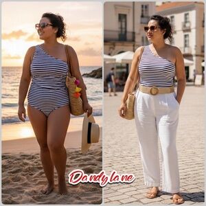 J. Crew Navy and White Ruched One-Shoulder Swimsuit Size 22